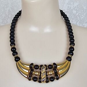 Vintage Signed Japan Black Bead Gold Tone Metal Bib‎ Chunky Necklace 19" Long